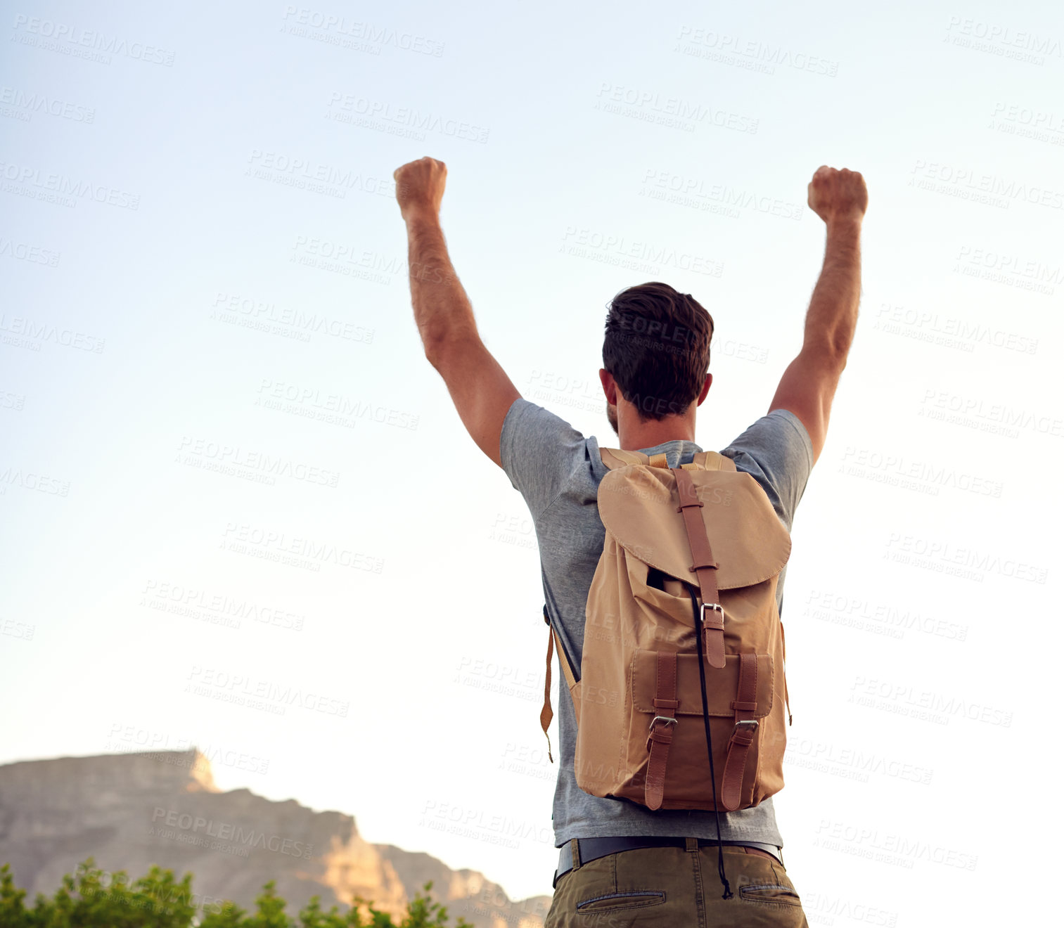 Buy stock photo Man, backpack and celebration with hiking on hill for fitness adventure, freedom or travel goals. Back, person and victory fist on mountain for trekking destination, workout challenge or mockup space