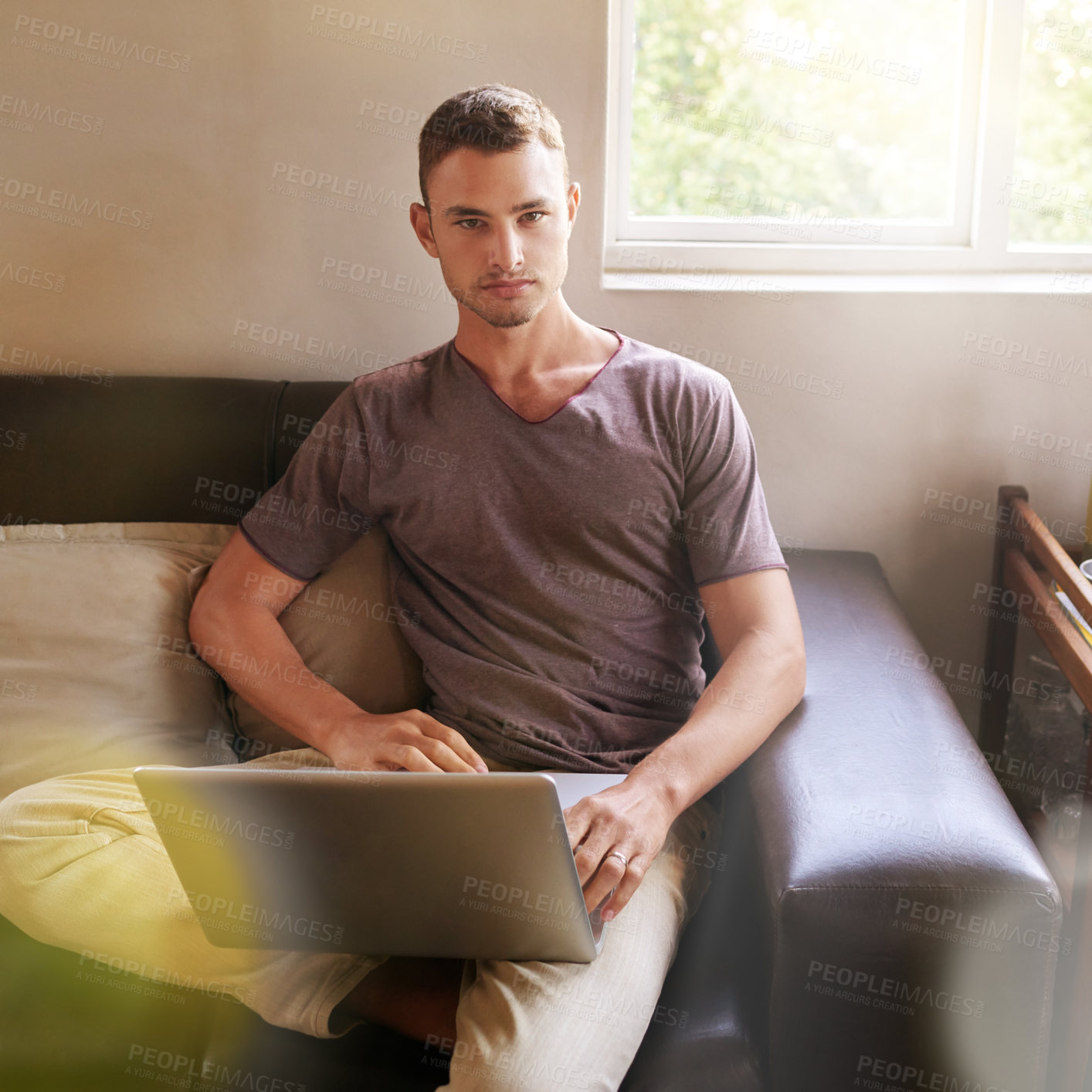 Buy stock photo Sofa, man and portrait with laptop for remote work, research and self employed with technology at home. Freelancer, male person and content writer with digital for online blog, review article and job