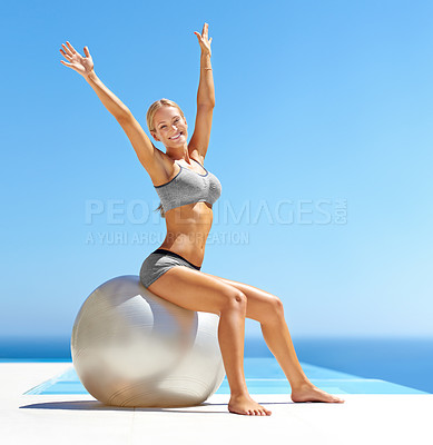 Buy stock photo Happy woman, portrait and yoga with exercise ball for workout, fitness or outdoor training by swimming pool. Young, female person or stretching with blue sky for warm up, balance or pilates on space