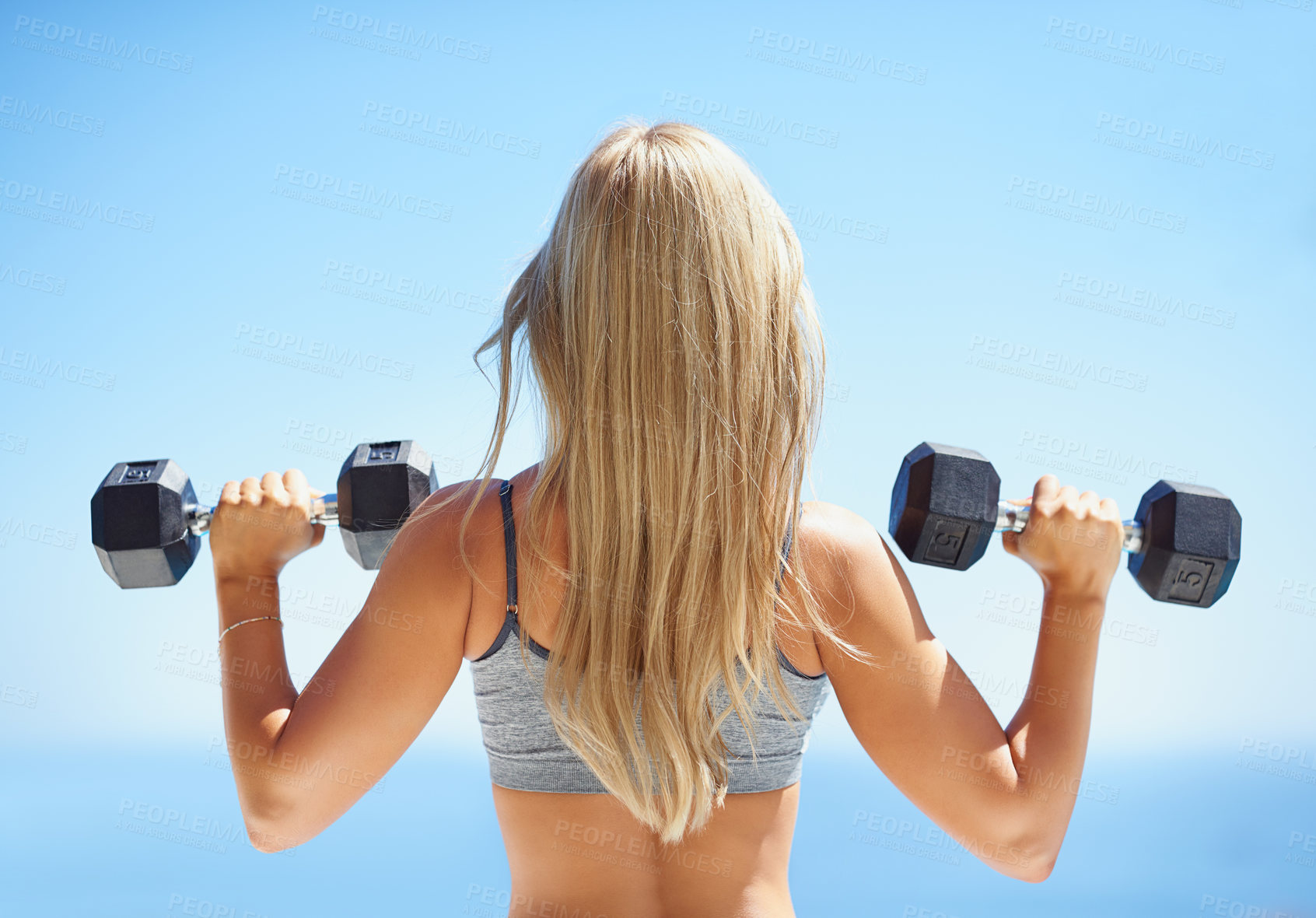 Buy stock photo Athlete, health and dumbbells with back of woman in nature for training, muscle connection and workout. Personal trainer, strong and sports with person and exercise for energy, wellness and weights