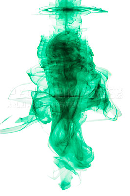 Buy stock photo Green ink, water and studio for abstract ...., clean creativity for painting or marbling. White background, color art and liquid for chemistry or science experiment, solution for calligraphy