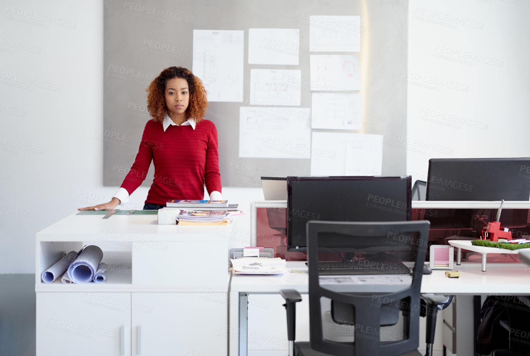 Buy stock photo Portrait, African and woman for architecture in office for building designer, renovation and project development. Girl, equipment and measure for construction, remodeling industry and floor plan 