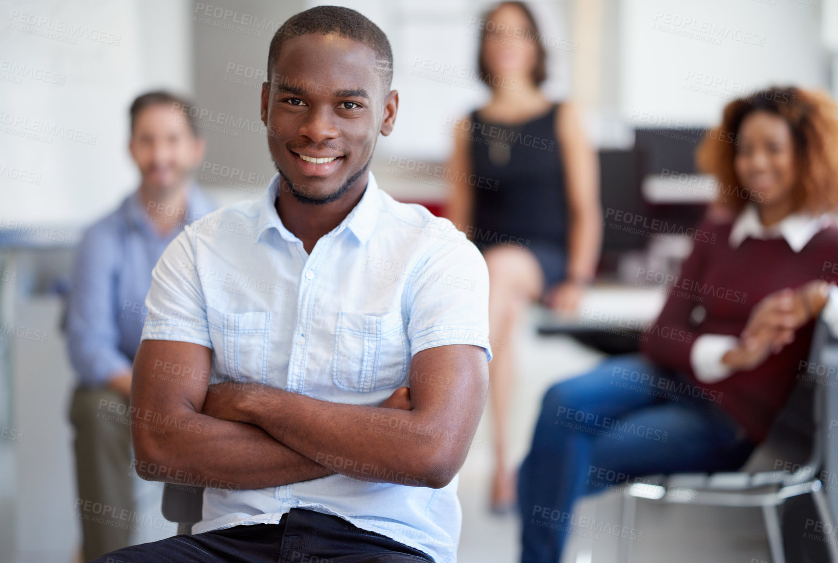 Buy stock photo Portrait, arms crossed and happy business man in office for coworking, career pride and internship. Face, copywriter and confident entrepreneur at creative startup for campaign development with team