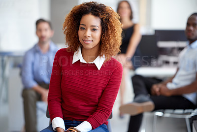 Buy stock photo Portrait of an attractive businesswoman with coworkers in the background