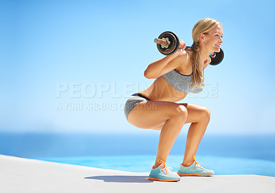 Buy stock photo Woman, barbell and squats by ocean, sky and fitness with exercise, wellness or workout with mockup space. Person, bodybuilder and happy for weightlifting by sea, training or muscle growth in Italy