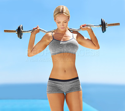 Buy stock photo Woman, barbell and ocean with training, fitness and summer with thinking, wellness or start exercise in morning. Person, bodybuilder and weightlifting with balance, workout and muscle growth in Italy