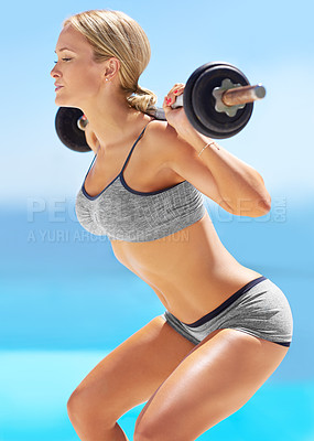 Buy stock photo Squat, exercise and woman with barbell by blue sky for weightlifting, fitness and strength training. Person, athlete and bodybuilding with equipment in nature for workout, challenge and endurance