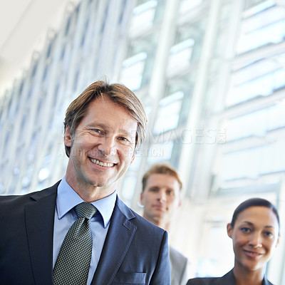 Buy stock photo Portrait, leadership and team of business people in office together for corporate or professional career. About us, our vision and happy or friendly employee group in workplace for diversity or unity