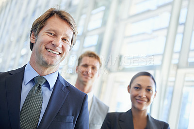 Buy stock photo Portrait, smile and management team of business people in office together for corporate or professional career. About us, leadership and happy employee group in workplace for diversity or unity