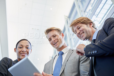 Buy stock photo Business people, tablet and support for project in office, collaboration and unity for proposal. Staff, workplace and teamwork for reading a report, partnership and online for review and networking