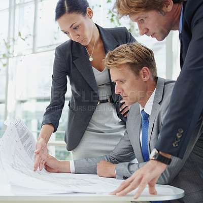 Buy stock photo Architecture, coworkers with blue print and planning construction of building or project together. Teamwork or collaboration, strategy or ideas and architect colleagues with paperwork or design 
