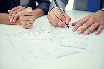 Buy stock photo Closeup, hands and business people with documents, economy or contract for b2b deal or financial . Broker, manager or employee with paperwork or trading with audit or signing with accounting or write