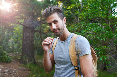 Buy stock photo Portrait of a handsome hiker in the forest