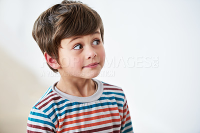 Buy stock photo Face, kid and boy thinking, idea and remember memory isolated on a white studio background mockup space. Vision, problem solving and young child with choice, planning and decision making for solution