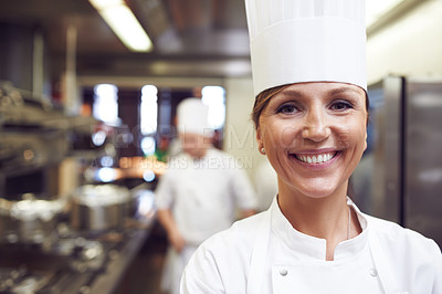 Buy stock photo Smile, portrait and woman chef in kitchen for cooking meal, supper or dinner with gourmet cuisine. Confident, happy and face of female culinary worker with catering career in restaurant or diner.