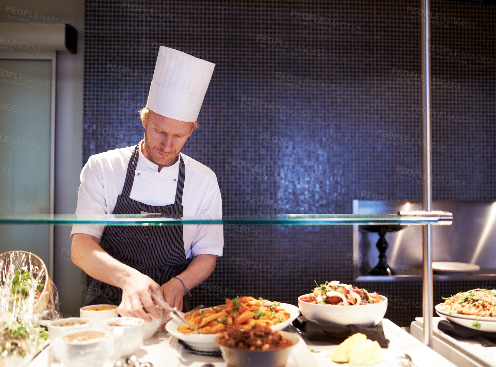 Buy stock photo Chef, man and food in kitchen of restaurant for catering industry for meal with hospitality or fine dining with nutrition. Professional, expert and cooking cuisine for lunch or dinner for service