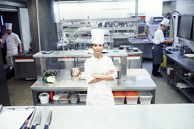 Buy stock photo Chef, crossed arms and portrait of woman in kitchen of restaurant for meal, dinner or lunch. Hospitality, career and professional culinary worker with confidence for catering in fine dining diner.