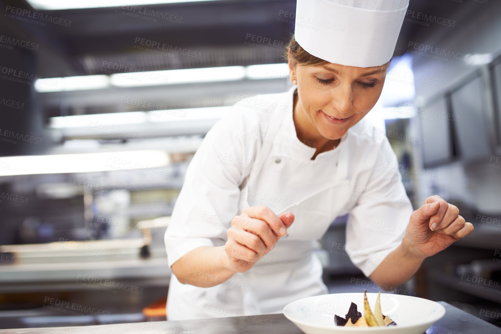 Buy stock photo Baker woman, dessert and plate in kitchen with pastry for catering service, baking or prepare dish. Hospitality, presentation and female chef for sweet meal, food industry or dinner in restaurant