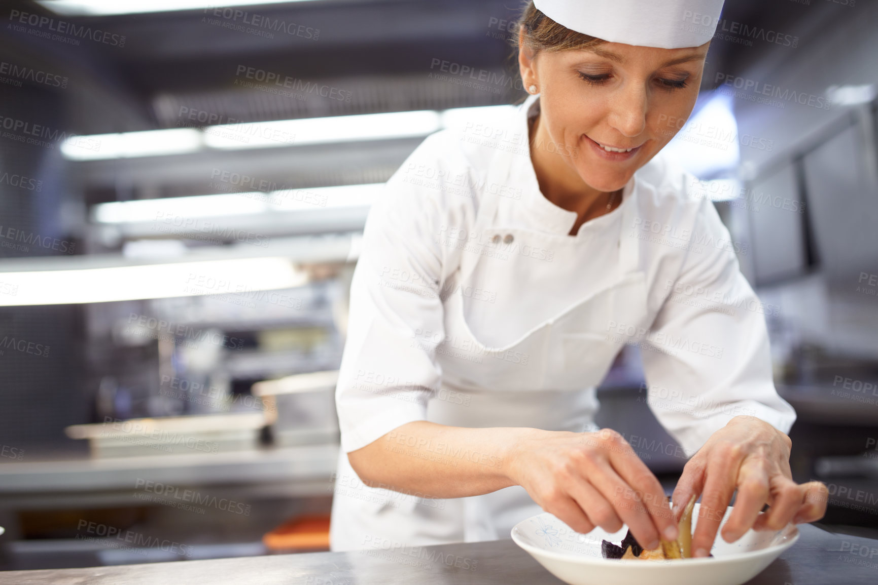 Buy stock photo Baker, dessert and plate in kitchen for catering service, baking or prepare dish. Hospitality, presentation and hands of female chef with pastry for sweet meal, food industry or dinner in restaurant