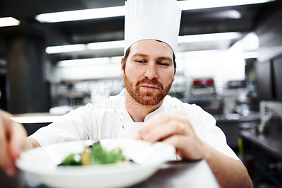 Buy stock photo Salad, chef or man in kitchen in restaurant for lunch, fine dining or dinner presentation. Business, cafe or male expert for catering, serving or ingredients for culinary cuisine, dish or food