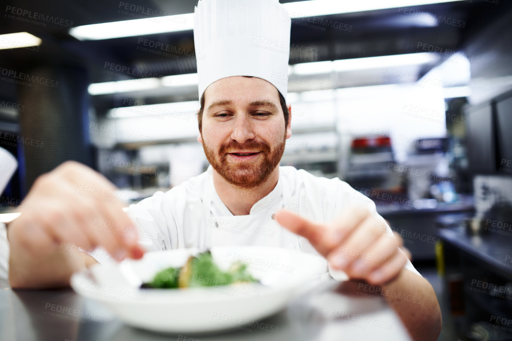 Buy stock photo Shot of a chef putting the final touches on a dinner plate in a professional kitchen