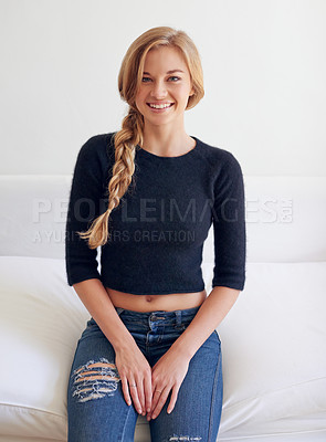 Buy stock photo Portrait of a beautiful young woman sitting on her bed