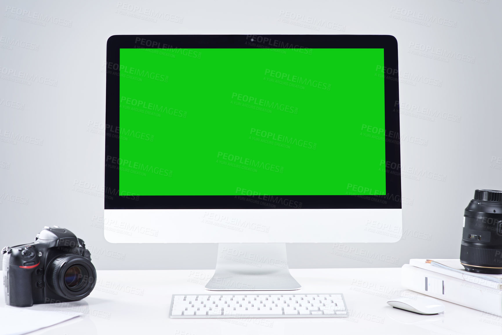 Buy stock photo Desktop, camera and green screen on computer for space, mockup and photography on white background. Chroma key, monitor and advertising technology on table, marketing and creative promotion in studio