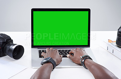 Buy stock photo Laptop, green screen or hands typing business email, mockup space or pov of photographer closeup. Computer, monitor and person on desk for advertising, editing or creative on white studio background