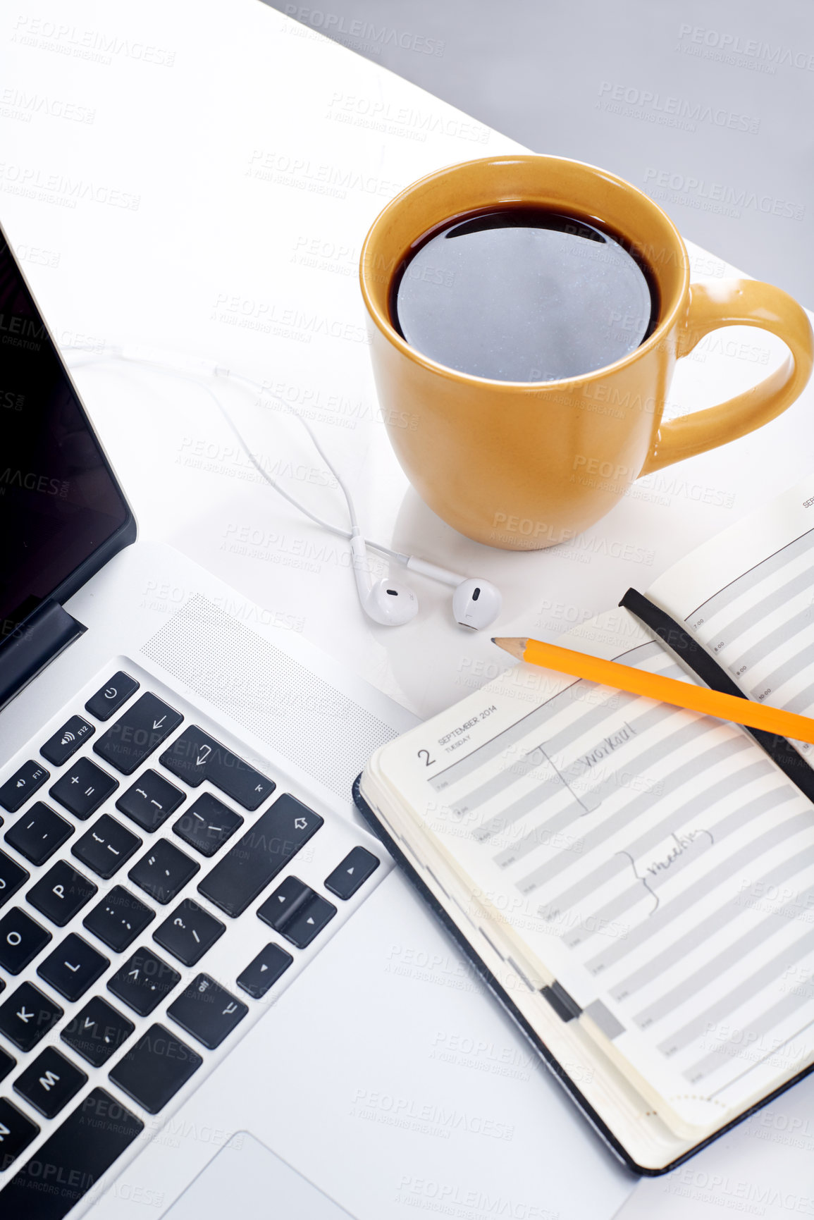 Buy stock photo Closeup, laptop and coffee with notebook, internet and network with connection. Empty, computer and equipment with espresso, keyboard and journal with diary, pencil and organized with technology