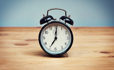 Buy stock photo Reminder, time management and clock on wooden table, vintage and retro with schedule. Empty, desk and alarm with style, wake up and deadline with antique, countdown and classic symbol for alert