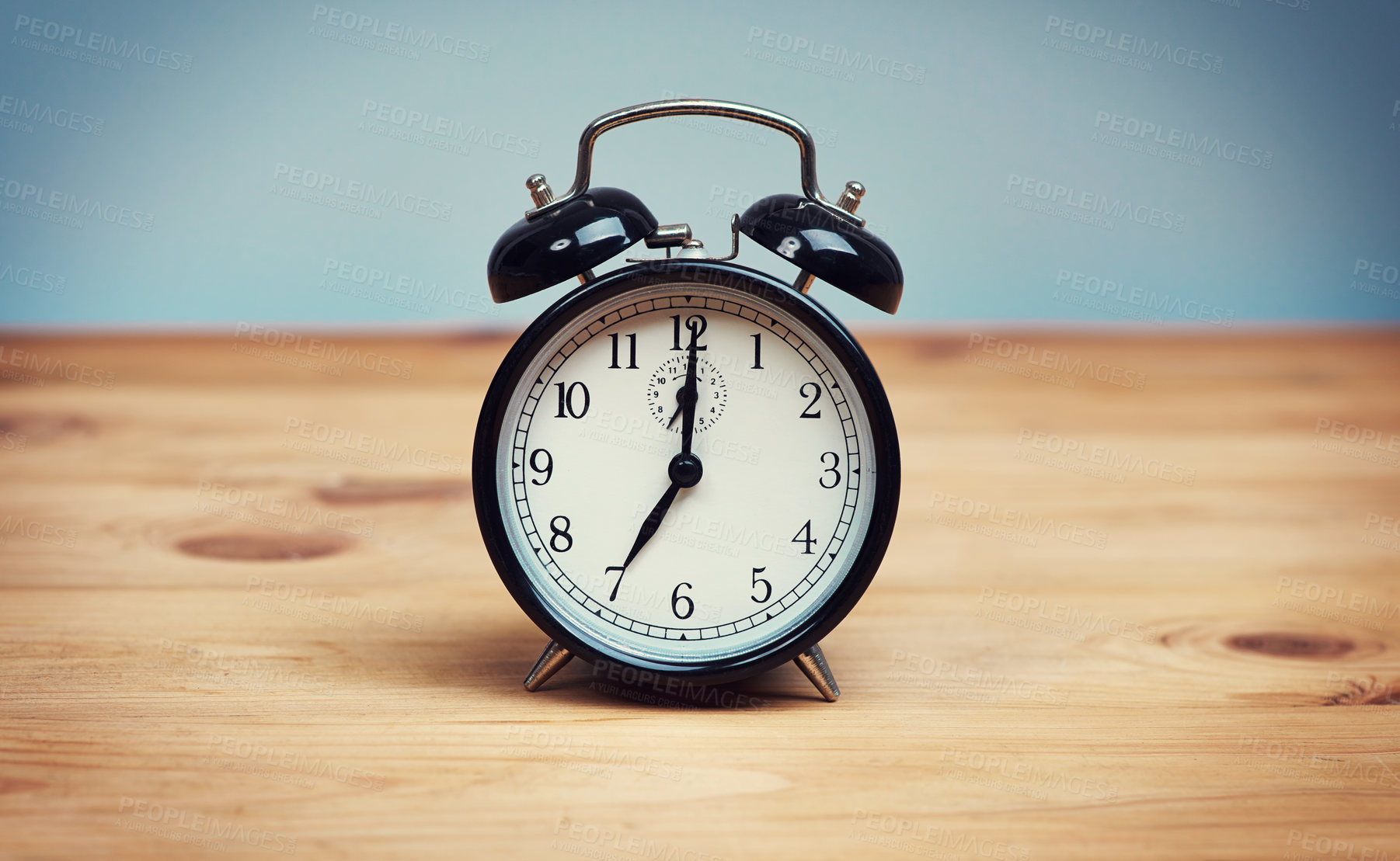 Buy stock photo Reminder, time management and clock on wooden table, vintage and retro with schedule. Empty, desk and alarm with style, wake up and deadline with antique, countdown and classic symbol for alert