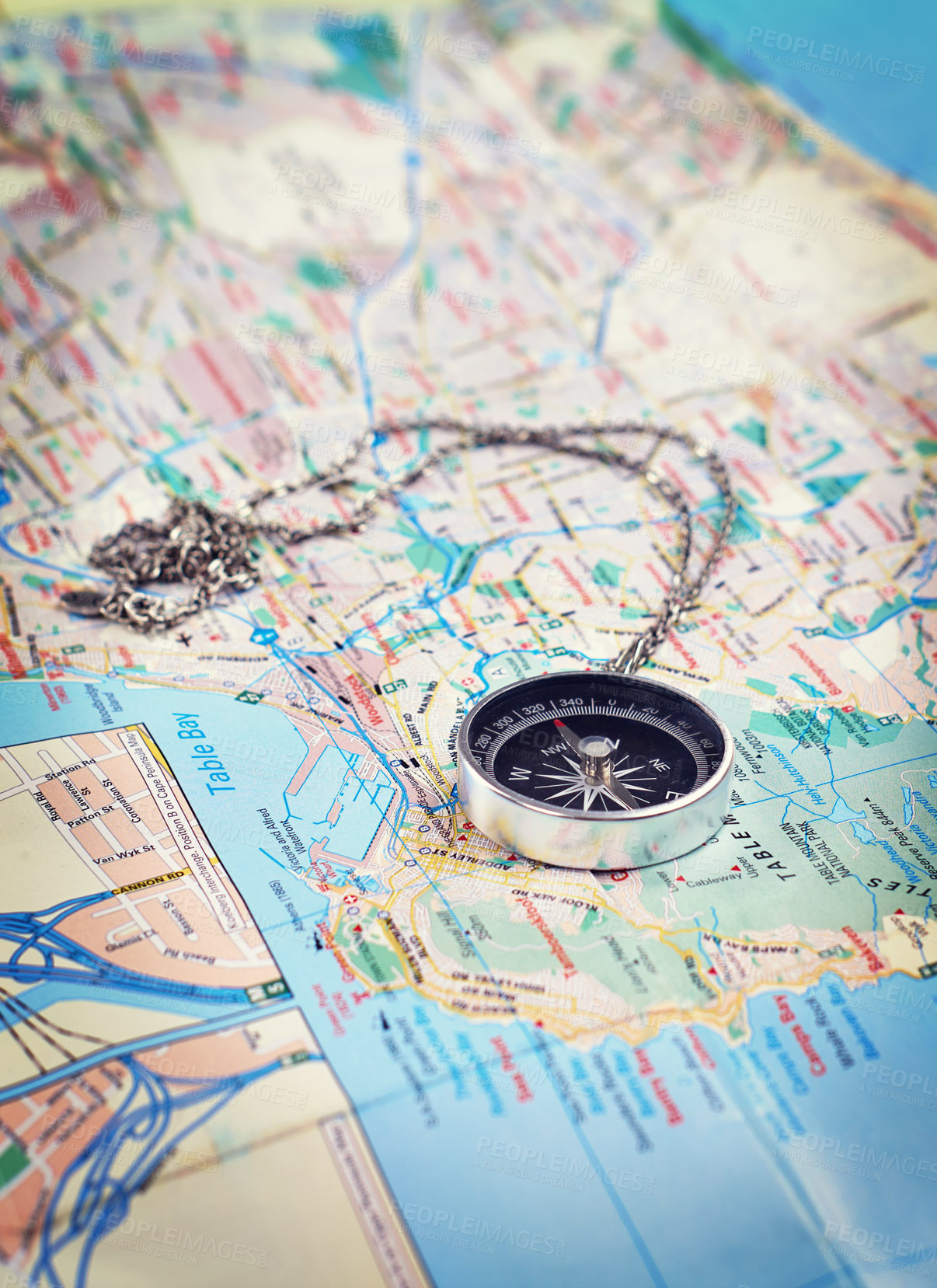 Buy stock photo Vacation, map and travel with compass on table for itinerary schedule, adventure explore and direction. Vintage, geography and location with holiday planning for tourism, navigation and discovery