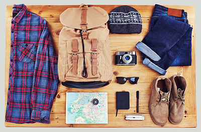 Buy stock photo High angle shot of hiking gear on a table top