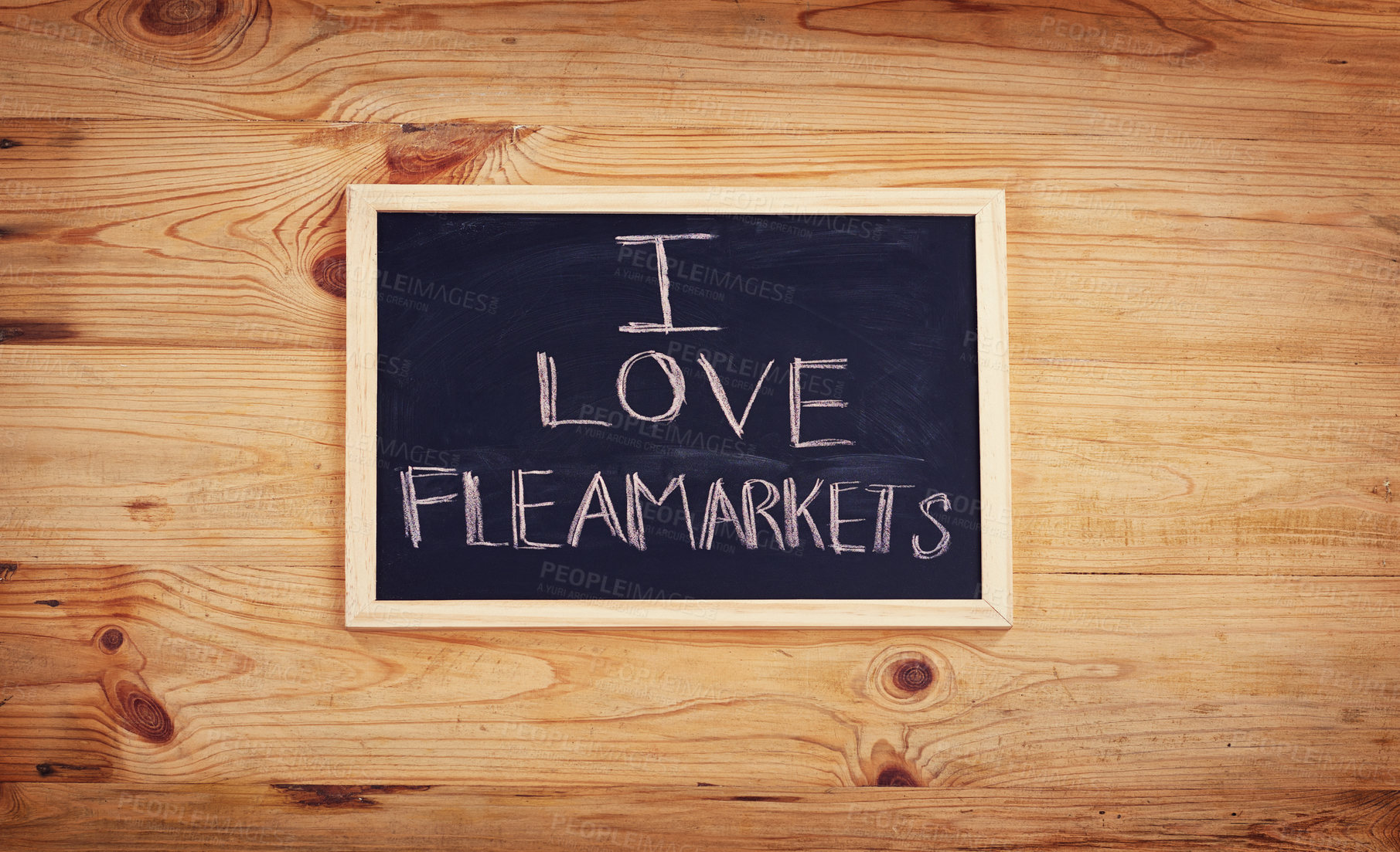 Buy stock photo Text, sign or chalkboard with flea market poster for marketing or advertising in frame. Wooden background, love or words for shopping hobby or retail bargain with handwriting, quote or store message