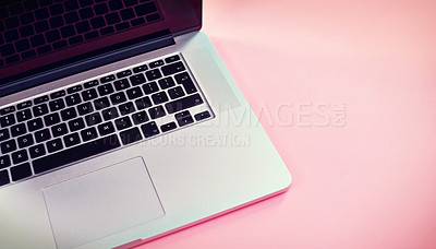 Buy stock photo Studio, laptop and above keyboard for advertising, marketing and electronic for digital research. Mockup space, computer and technology with connection for branding, promotion and pink background