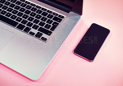 Buy stock photo Studio, keyboard and laptop with screen for smartphone, marketing and electronic for research by above. Advertising, mobile and technology with connection for branding, promotion and pink background