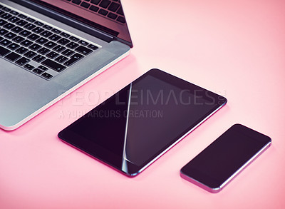 Buy stock photo Studio, tablet and laptop with screen for smartphone, marketing and electronics for research by above. Advertising, mobile and technology with connection for branding, promotion and pink background