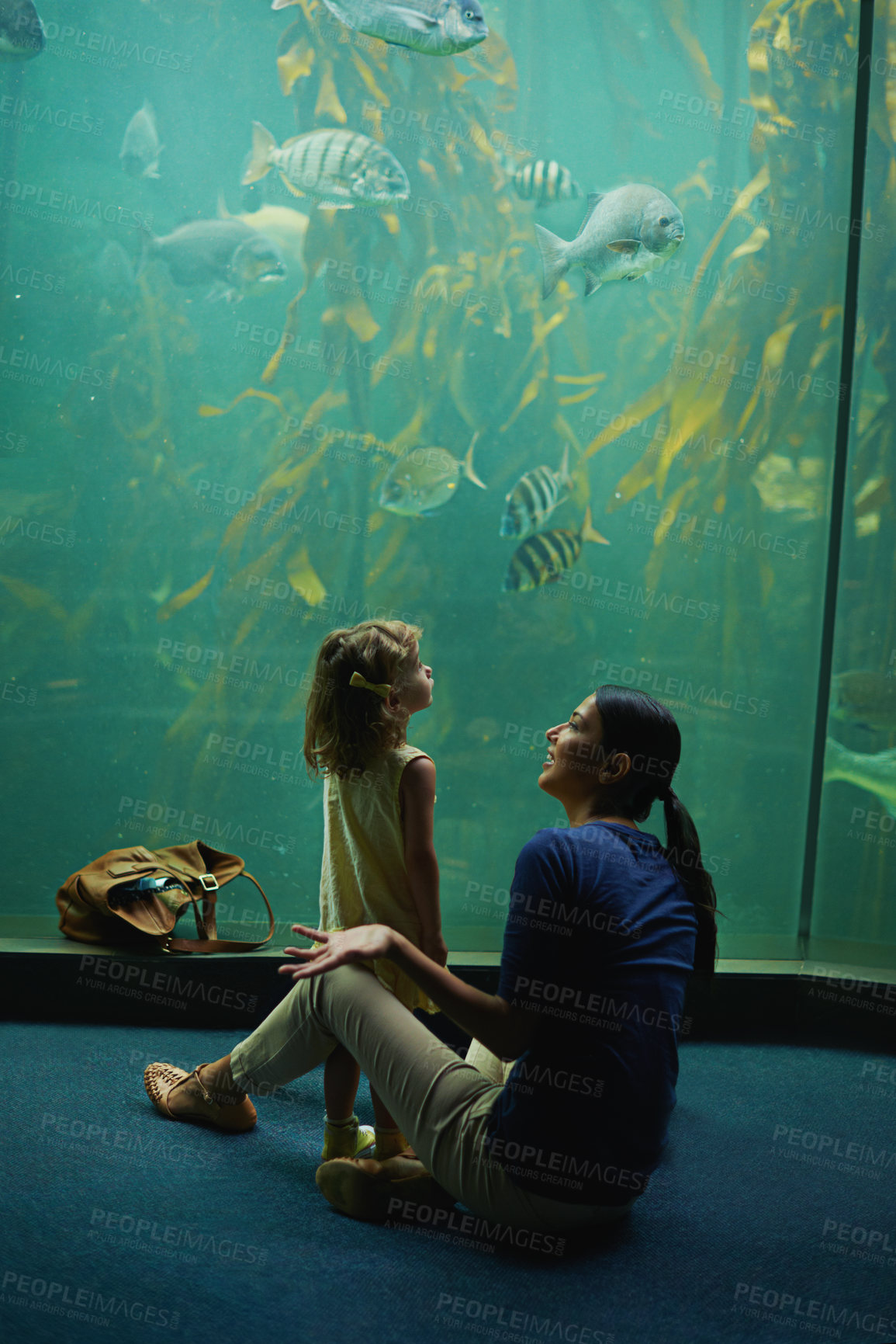 Buy stock photo Shot of a mother and daughter on an outing to the aquarium