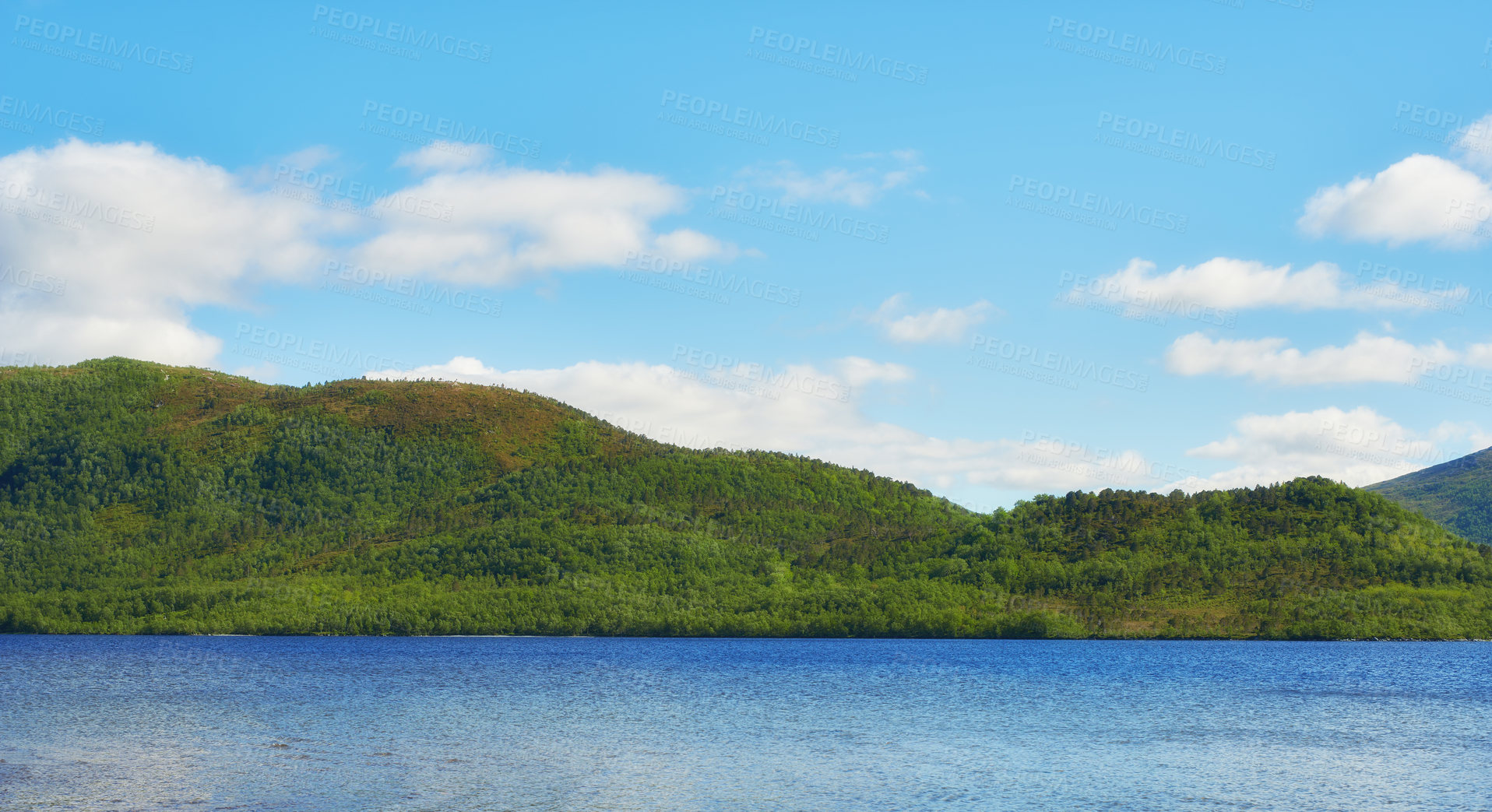 Buy stock photo Green hills by the seaside with a blue sky in Norway. Wild vibrant landscape in Nordland. A calm sea near an uninhabited island wilderness against a bright cloudy horizon. Peaceful nature scene