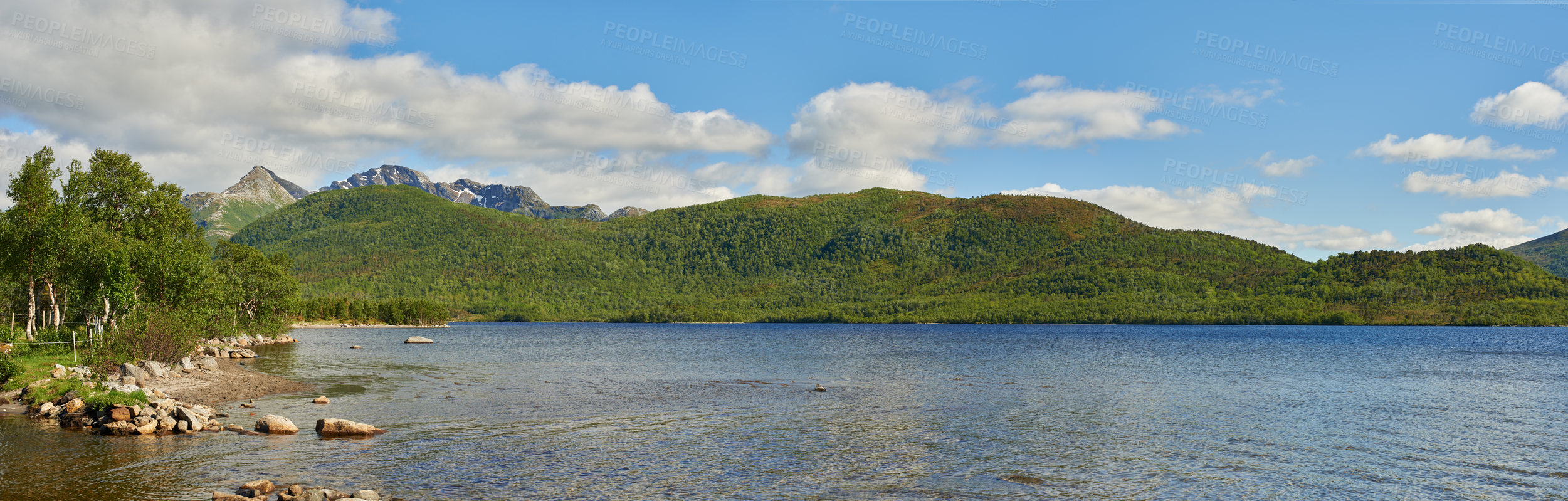 Buy stock photo Landscape of a lake with trees near a mountain. Green hills by the seaside with a blue sky in Norway. A calm sea near a vibrant wilderness against a bright cloudy horizon. Peaceful wild nature scene