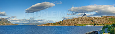 Buy stock photo Landscape, mountains and fjord with water, nature and horizon with clouds in sky, ecosystem and sustainability. Outdoor, sea and hill with forest, growth and coastal environment in summer in Norway