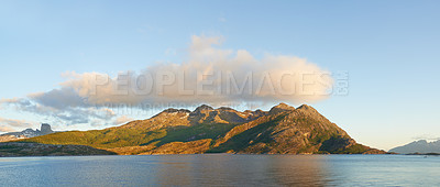 Buy stock photo Clouds, water or landscape of mountains with natural environment or countryside in Norway. Zen lake, calm peace or scenic view of Europe in remote area for outdoor travel, holiday and vacation break