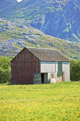 Buy stock photo Trip, countryside and outdoor travel for peace, norway and mountain environment for nature. Barn, ecology and green location for earth vacation or holiday, rural building and sustainable aesthetic