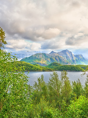 Buy stock photo Trees, nature or lake with mountain, clouds or environment for travel in Switzerland. Forest, river or landscape for tourism adventure, hiking or summer vacation in countryside outdoor for background