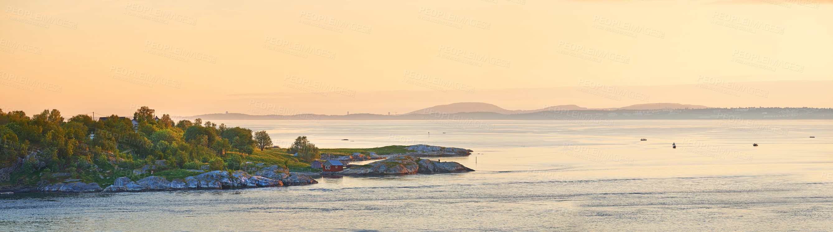 Buy stock photo Landscape, water and mountains with nature, tourism and Norway with sunshine, clouds and earth. Empty, blue sky or outdoor with plants, natural aesthetic or tropical with wallpaper or getaway trip