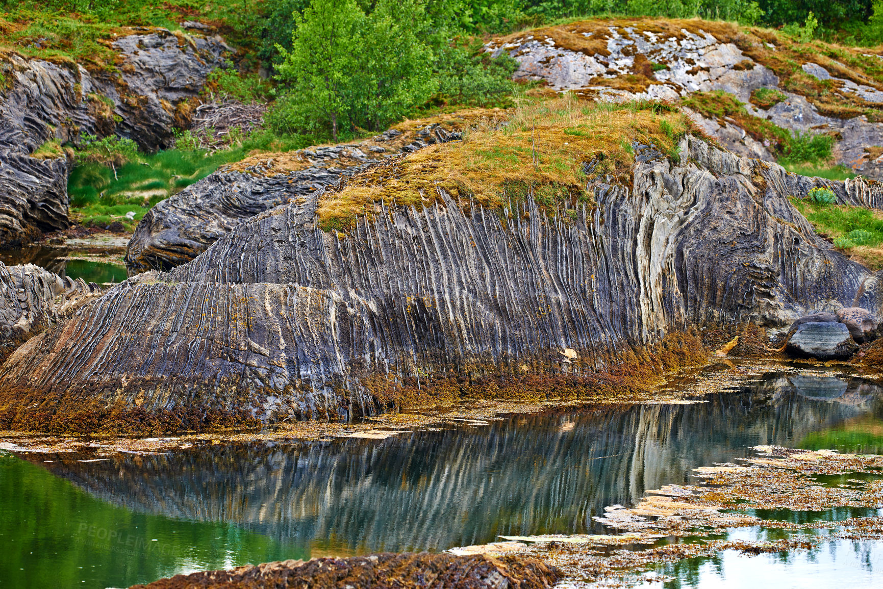 Buy stock photo Landscape, water and rocks with nature, environment and Norway with sunshine, moss and earth. Empty, reflection or outdoor with plants, natural aesthetic or tourism with wallpaper or getaway trip