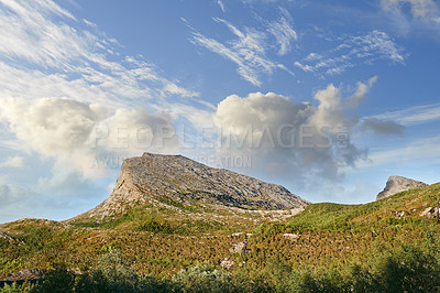 Buy stock photo Landscape, countryside and nature with mountain, clouds and green trees in Norway for eco friendly. Environment, earth and moss with grass, blue sky and plants for travel, ecology or sustainability