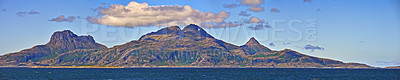 Buy stock photo Panorama view, mountains and sea with blue sky, clouds and beach water or ocean in Norway. Nature, landscape background and winter environment with zen, water and ocean fjord for peace and ecology