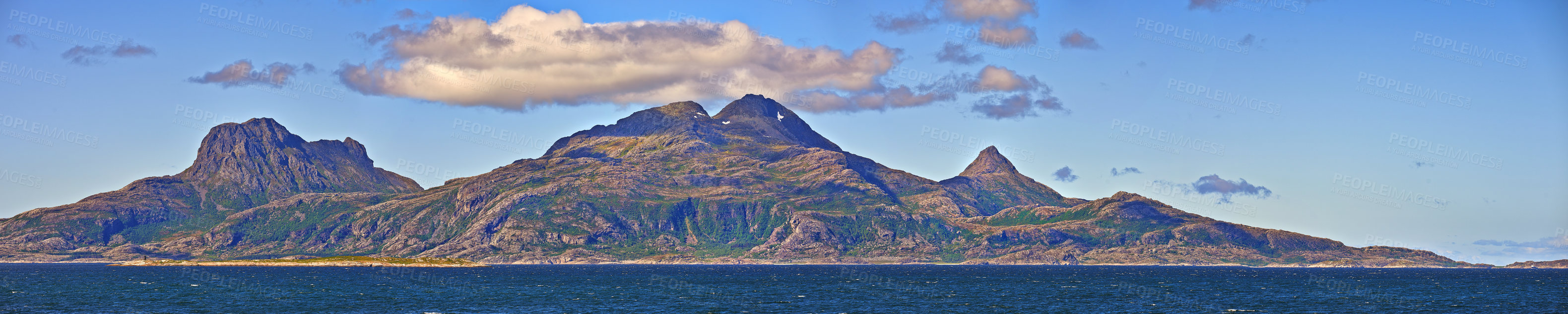 Buy stock photo Panorama view, mountains and sea with blue sky, clouds and beach water or ocean in Norway. Nature, landscape background and winter environment with zen, water and ocean fjord for peace and ecology