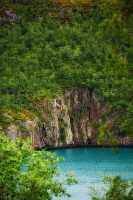 Buy stock photo Trees, nature and lake with mountain, water and environment for travel in Austria. Forest, river and landscape for tourism adventure, hiking and summer vacation in countryside outdoor on background